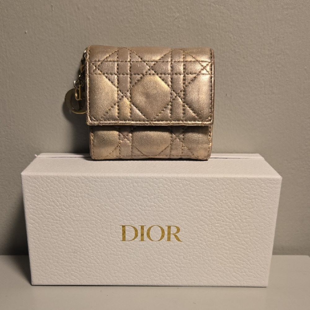 Dior Compact Wallet Lady Lotus Cannage Metallic Gold Quilted